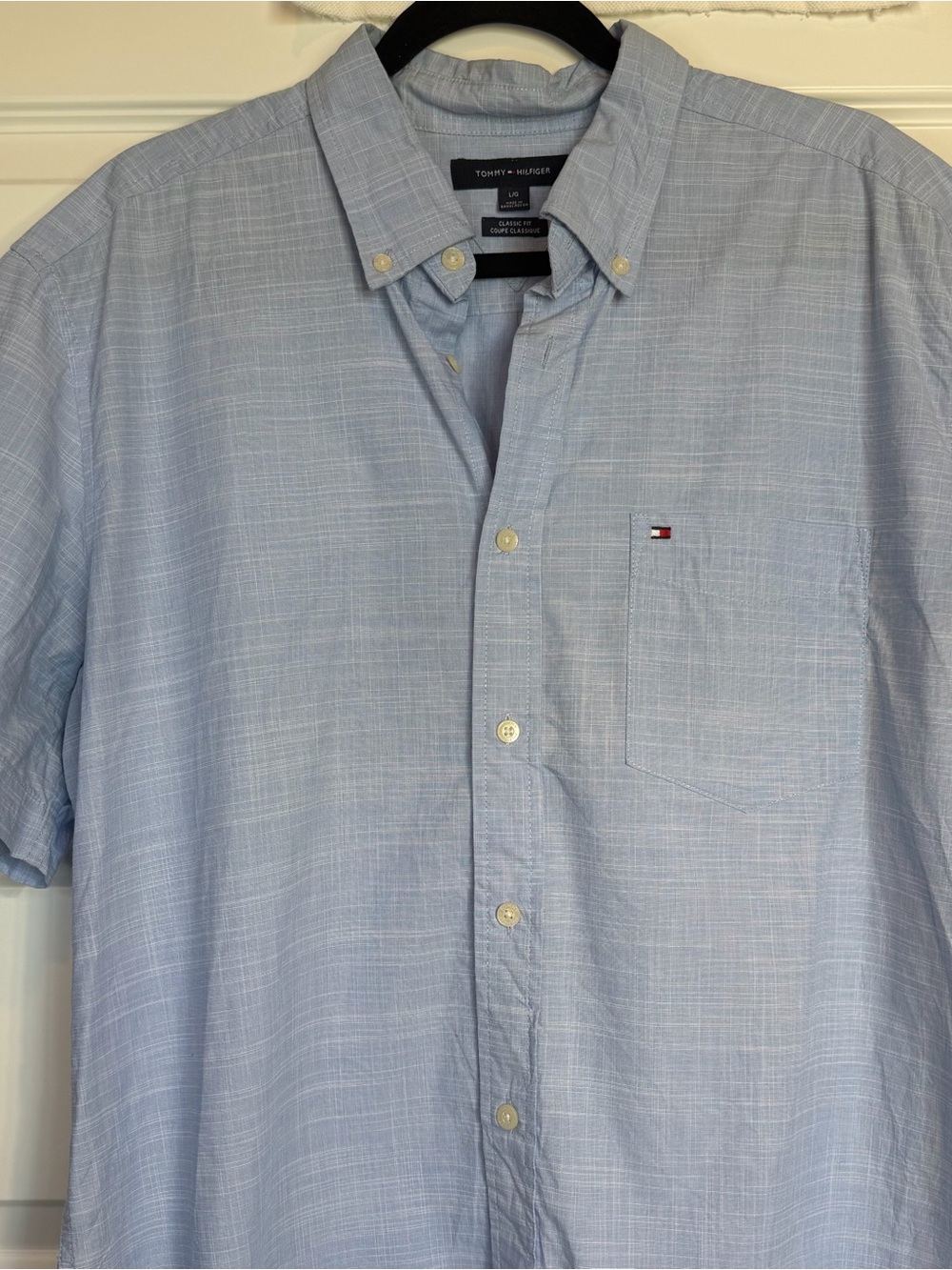 Tommy Hilfiger Men’s L Large Short Sleeve Shirt Blue 100% Cotton Classic Fit